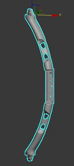 Modelo 3D de um braço curvo com furos de fixação